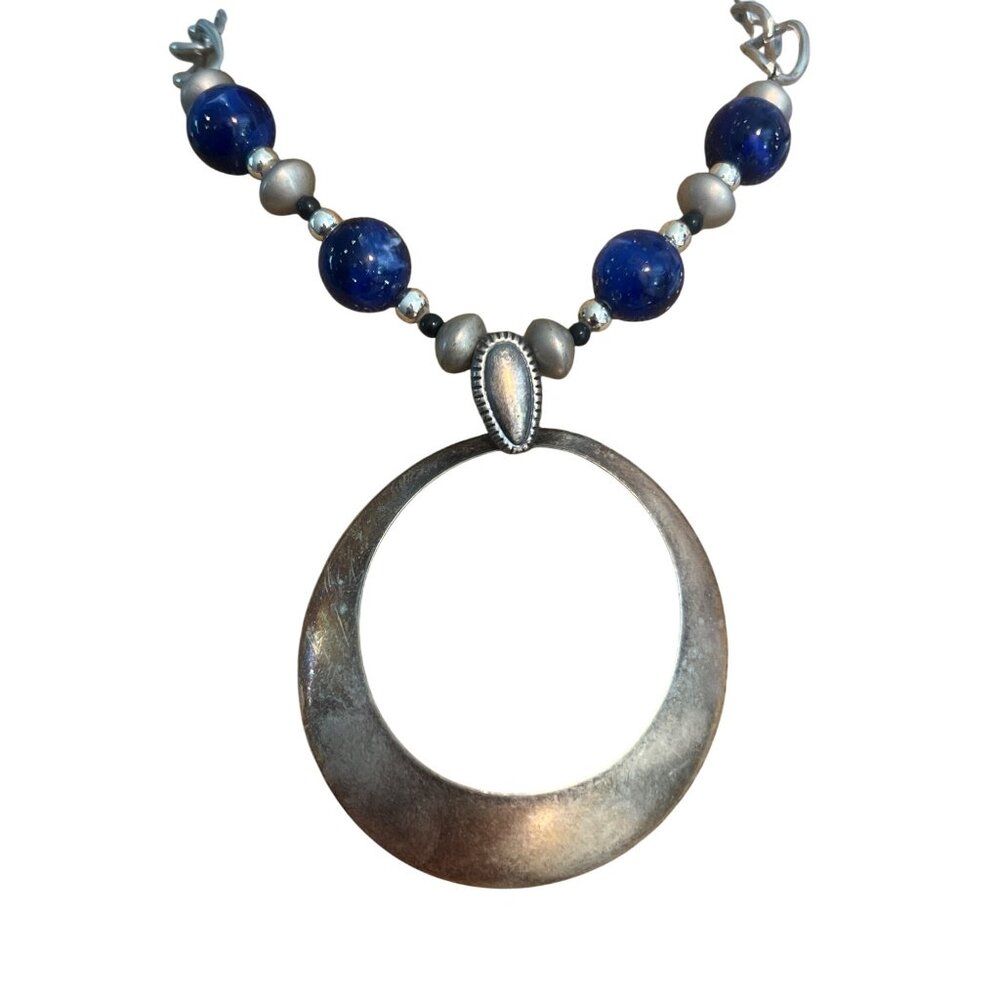 Vintage Statement Necklace Silver Tone Pendant Blue Beads Chain Tribal 23"
